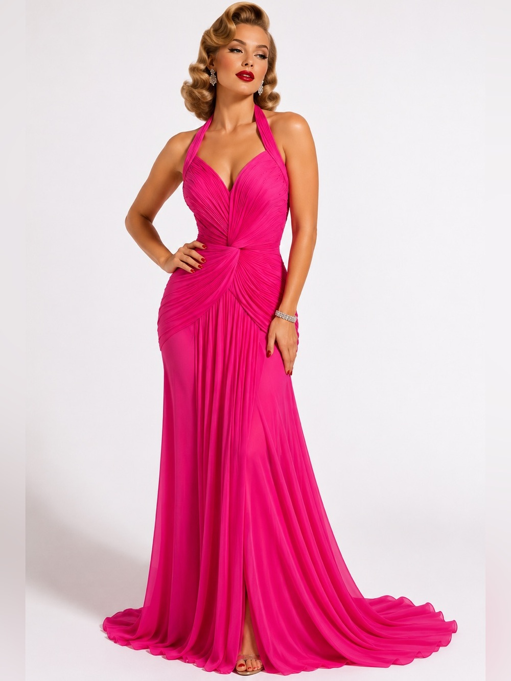 Sue Wong Grecian gauze Halter Backless Maxi Dress train nocturne
